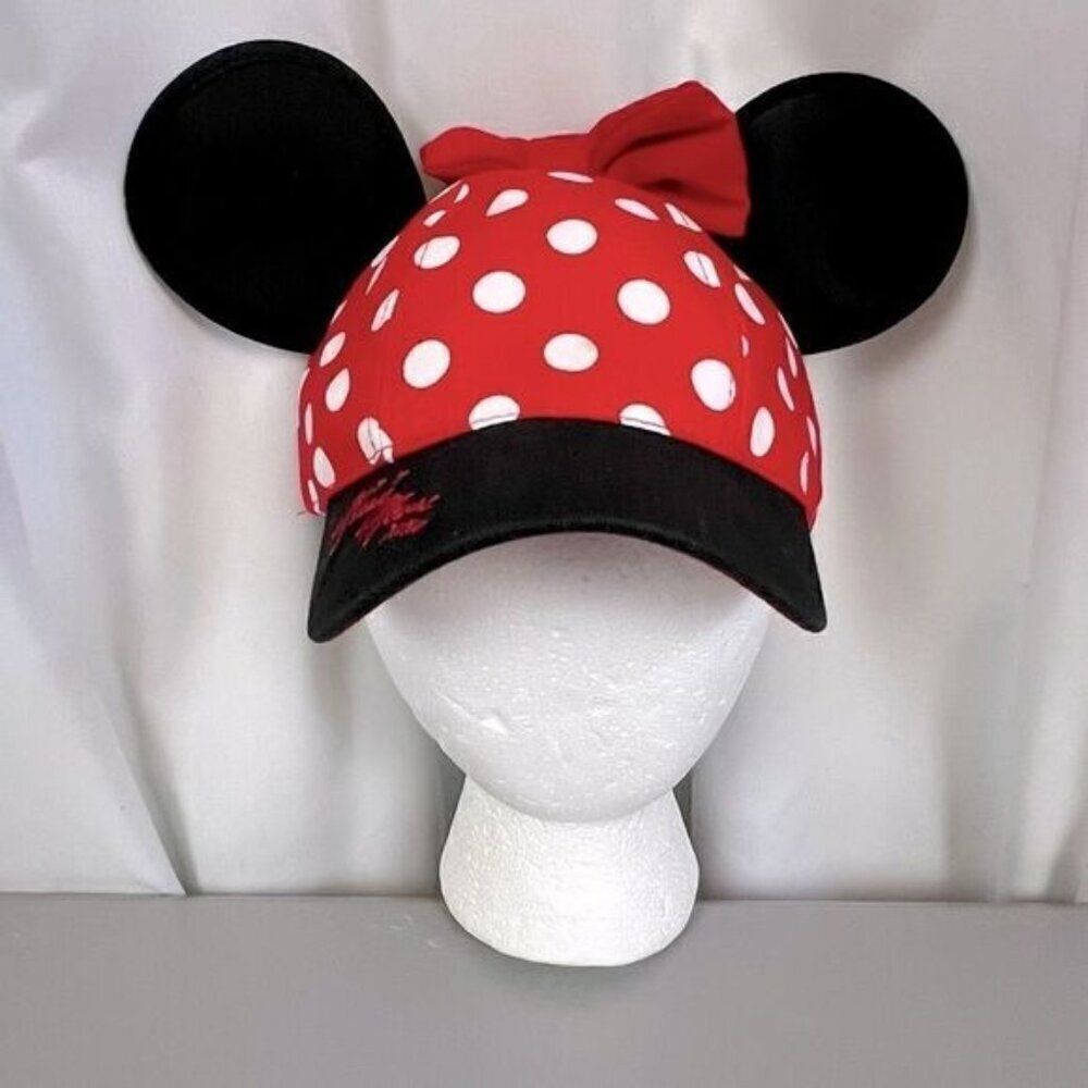 DISNEY PARKS MINNIE MOUSE HAT RED BLACK AND WHITE DOTS GIRLS. EARS AND BOW